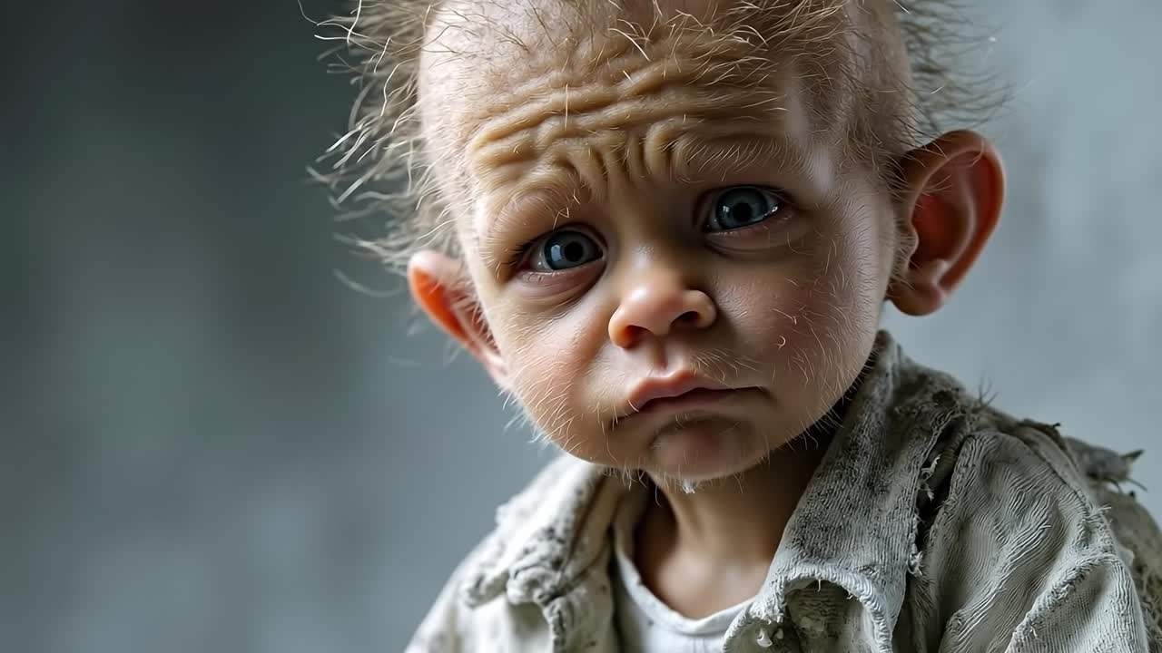 A small child with a dirty face and blue eyes