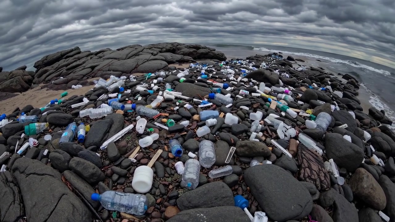 Inquinamento da rifiuti di plastica sparsi sul litorale roccioso