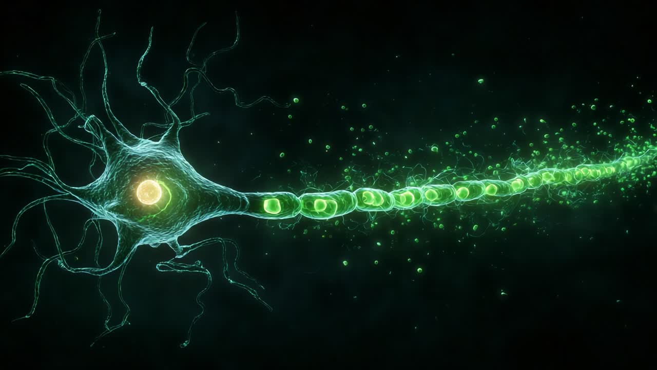 An Artistic Representation of a Neuron and Its Axon Depicting Neural Activity and Communication in the Human Brain, Highlighting the Flow of Information and Connectivity
