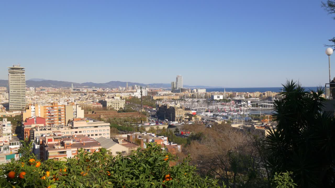sunny day montjuic park port vell panorama 4k barcelona spain