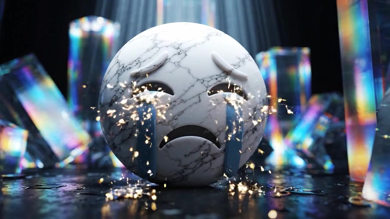 Esfera de mármore emocional rodeada por cristais cintilantes, expressando tristeza através de lágrimas, iluminada por luz dramática num cenário escurecido.