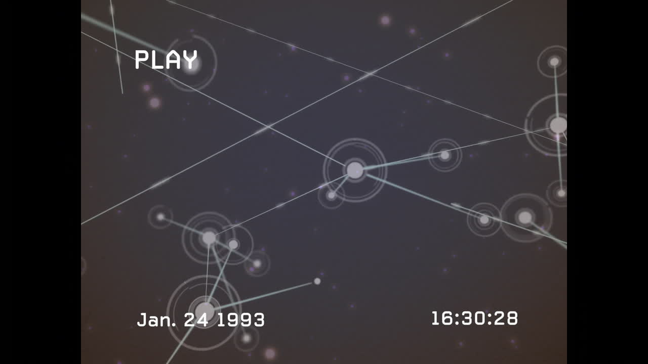 Network connections and data nodes animation over vintage video playback interface