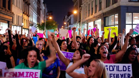 large crowd protesting on a city street at night