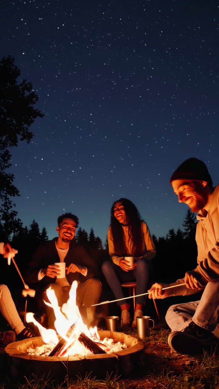 Friends Roasting Marshmallows Around a Campfire Under a Starry Night Sky