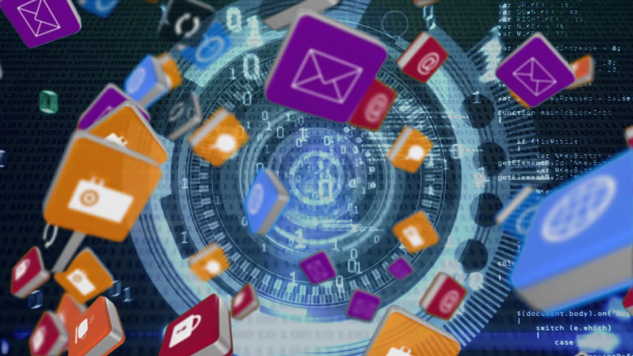 사각형과 바이너리 및 프로그램 코드와 함께 미래의 원에 온라인 및 응용 프로그램 아이콘