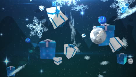 animation of christmas snow falling over christmas decorations on blue background