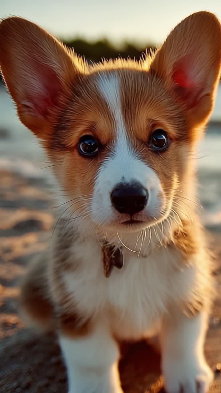 Adorable Corgi Puppy Captured at Sunset on the Beach, Featuring Its Playful Expression and Fluffy Coat, Radiating Joy and Curiosity in a Serene Setting