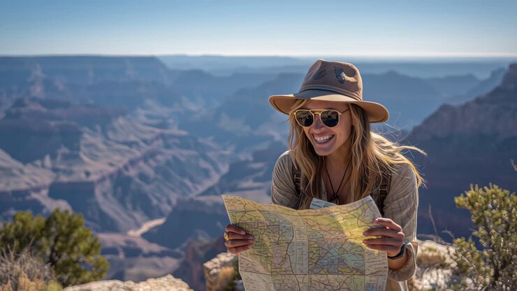 Beelden van een glimlachende vrouwelijke reiziger met hoed en zonnebril die een papieren kaart vasthoudt bij een uitkijkpunt van de Grand Canyon, Arizona, VS, met een dramatisch canyonlandschap op de achtergrond.