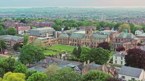 aerial shot over the historic city of nottingham and the university in england