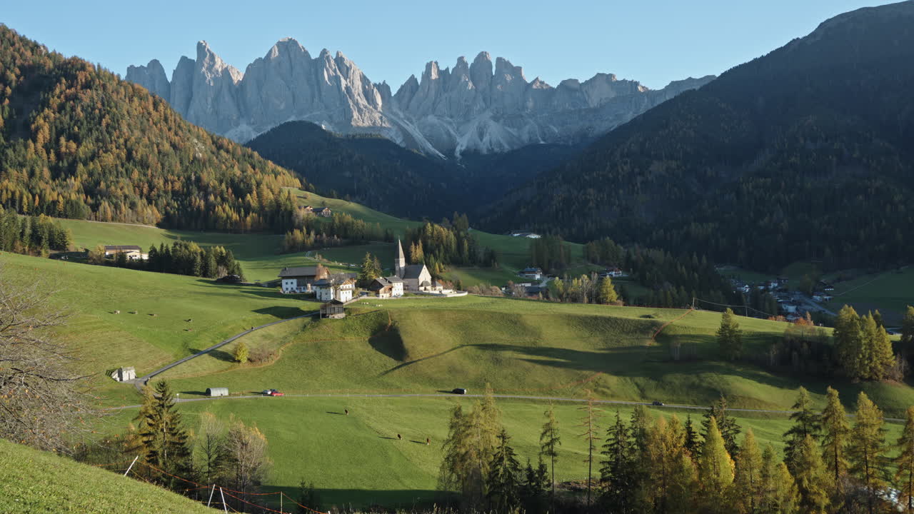 The picturesque village of Santa Magdalena in the Italian Dolomites on a sunny autumn day