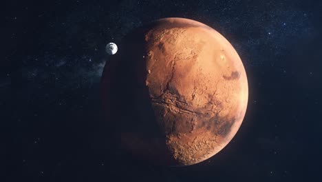 Raumschiff-Fliegt-An-Der-Kamera-Vorbei-Und-Nähert-Sich-Dem-Roten-Planeten-Mars