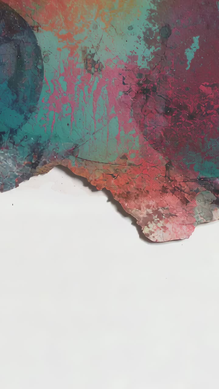 Vertical video: Camera panning revealing torn painted sheet on white table, exposing teal and marks