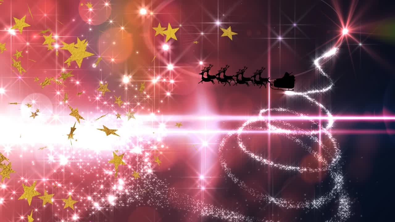 クリスマスにきらめく光の上を、星とトナカイのソリに乗ったサンタクロースが飛ぶアニメーション。