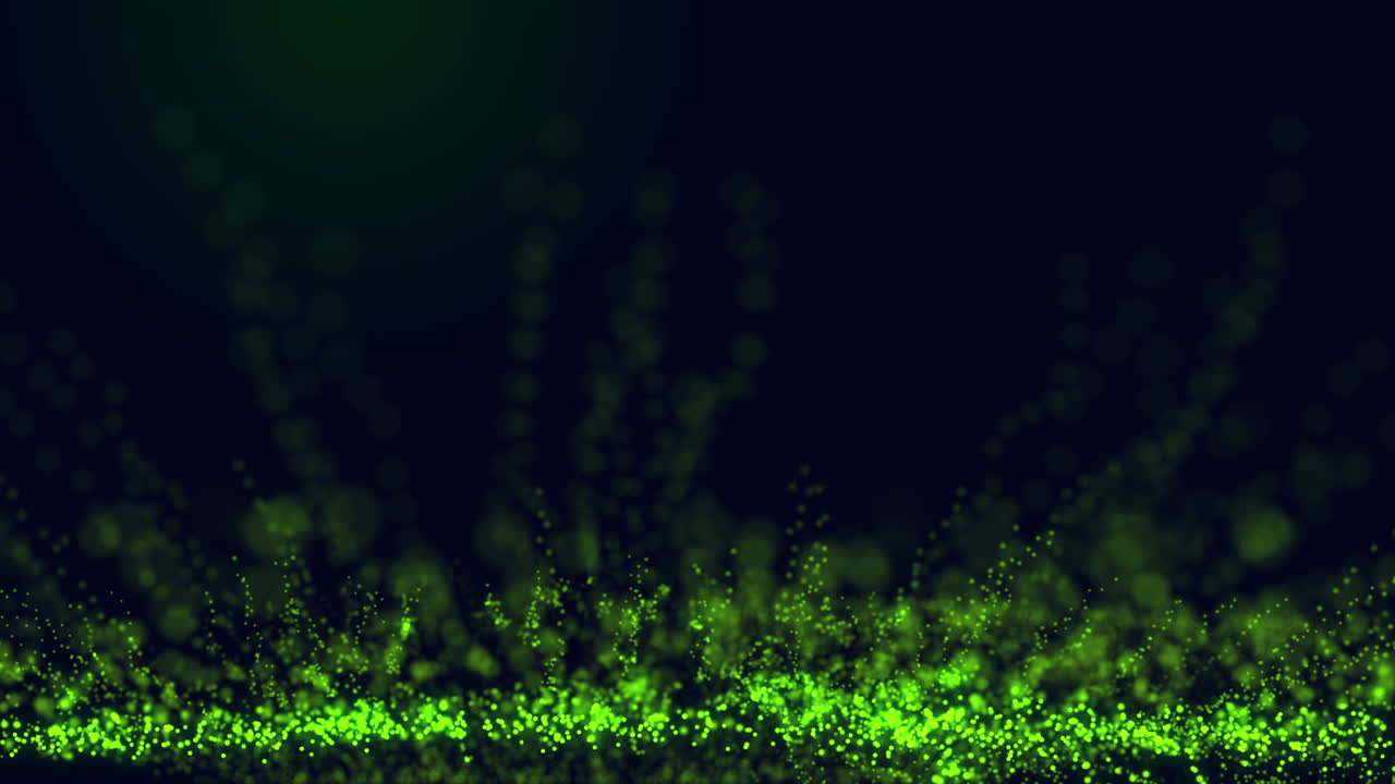 Motion graphic: green iridescent glowing bubbles falling into darkness