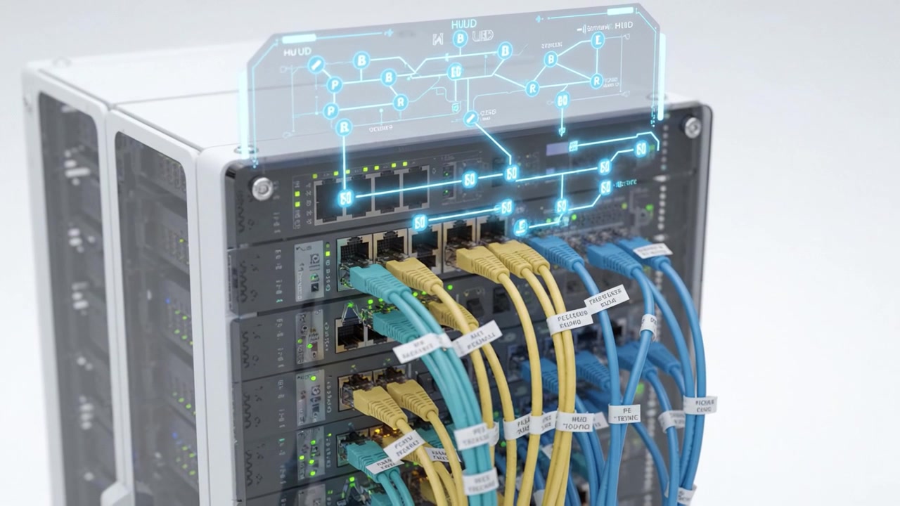 Rack di server di data center che mostra connessioni di rete ad alte prestazioni con cavi organizzati e visualizzazione tecnologica avanzata per connettività e gestione ottimali