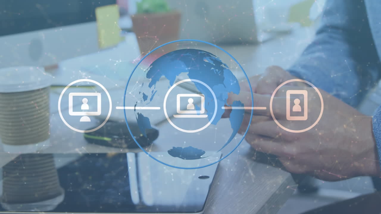 red de conexiones y un globo giratorio contra la sección media del hombre que usa un teléfono inteligente en la oficina