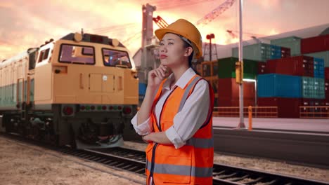 asian female engineer with safety helmet thinking about something and looking around with freight cargo train at port