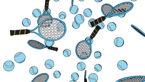 toon style pale blue tennis balls and tennis rackets on white background.