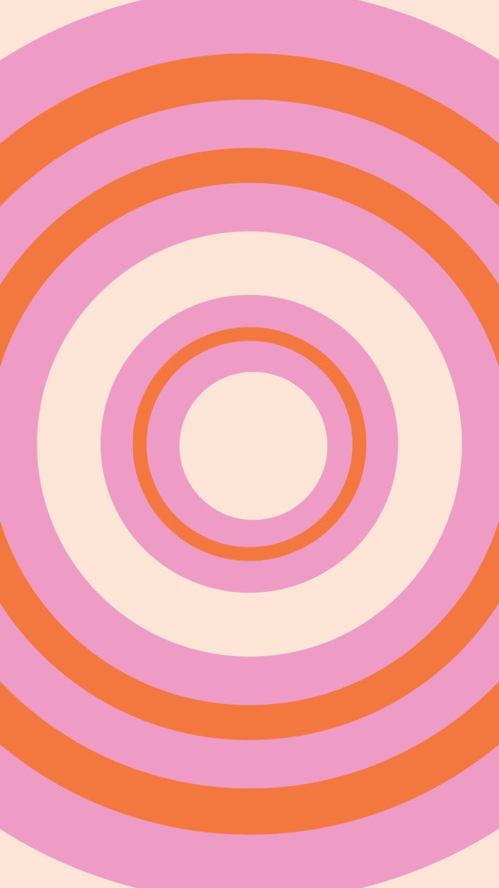 Loop continuo in formato verticale di uno sfondo retrò con ipnotici cerchi espansivi in rosa e arancione, stile anni '70 per i social media