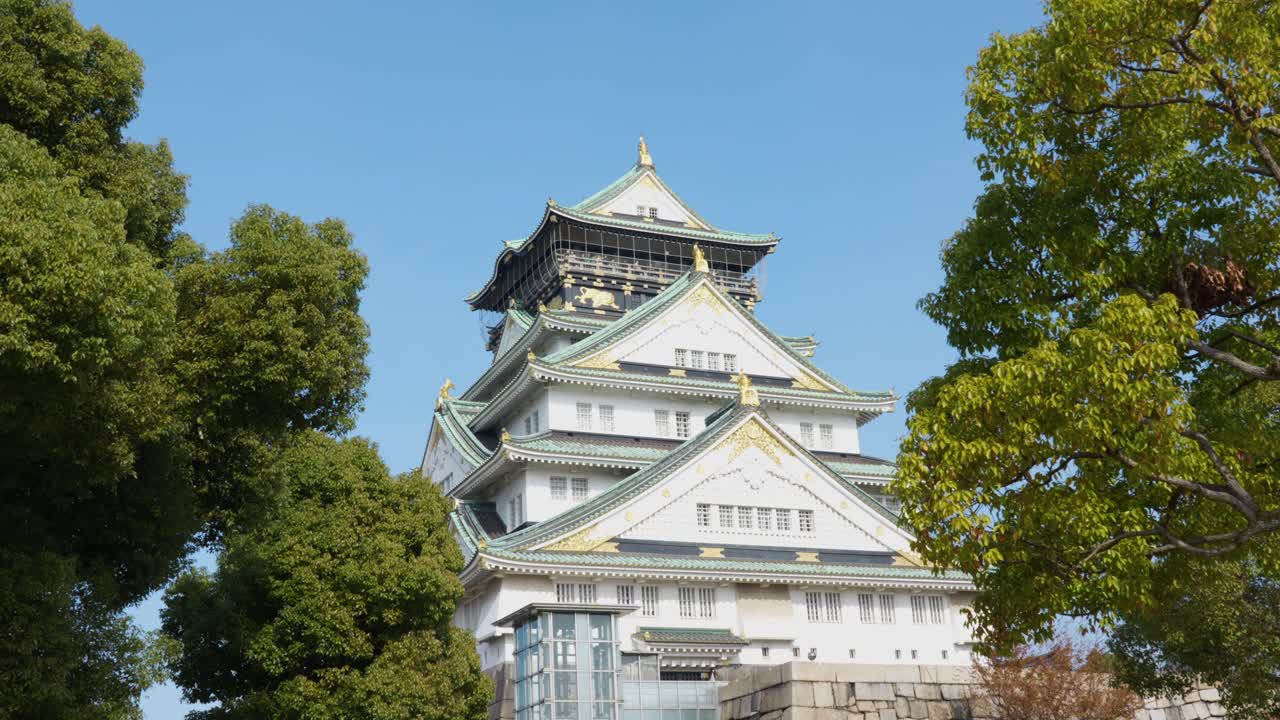 Osaka Castle Nestled Among Green Trees Under Blue Skies, Osaka, Japan