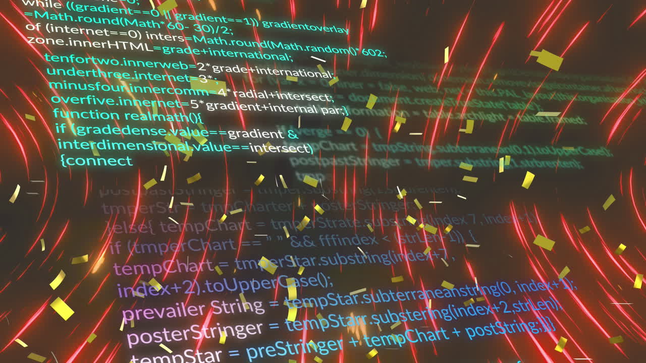 검은 바탕에 대한 콘페티와 원형 파동 위에 컴퓨터 언어의 애니메이션