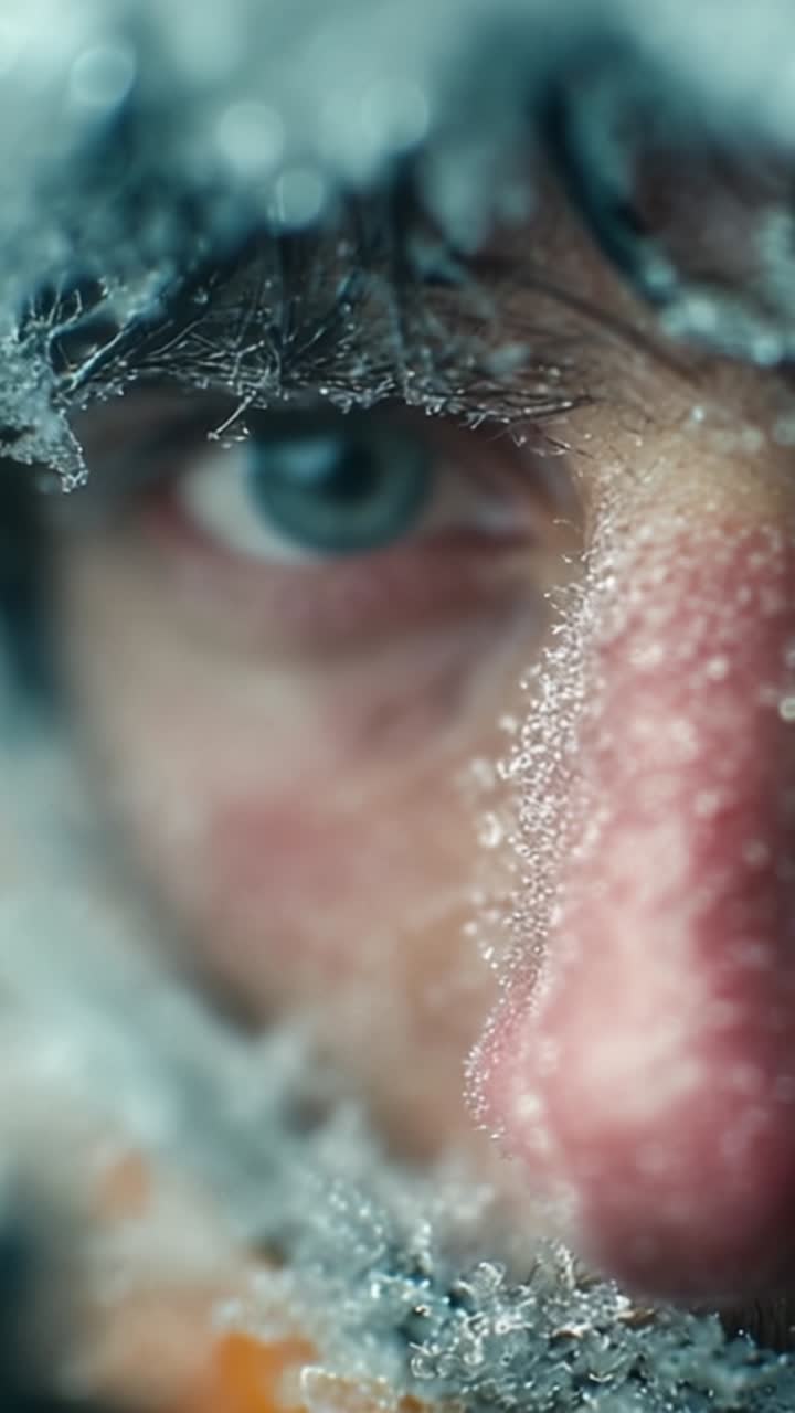 Close-Up of a Snow-Covered Face, Capturing the Struggles and Resilience of a Hiker Amidst Harsh Winter Conditions in a Glistening icy Environment