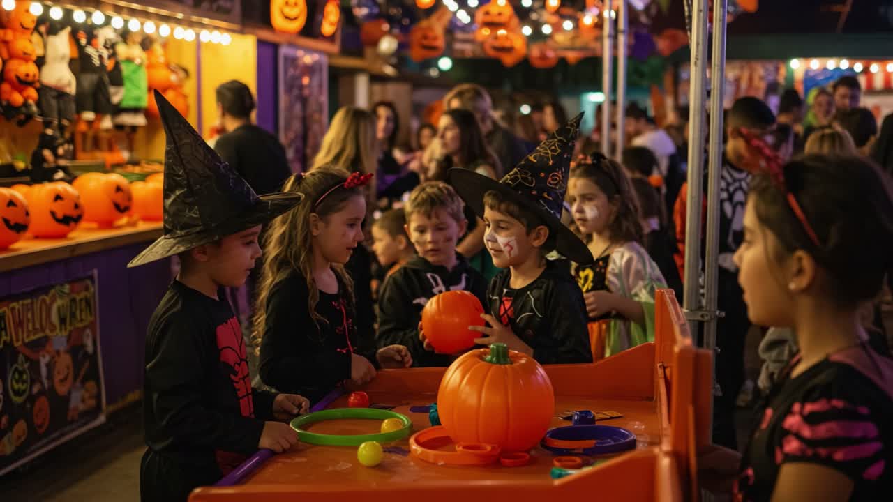 Children in Halloween costumes gather around a festive game booth, enjoying playful activities with pumpkins and colorful accessories amid a lively, decorated atmosphere