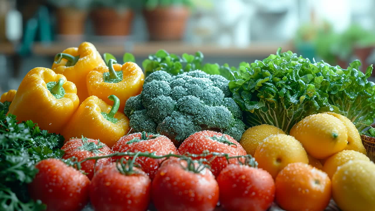 Fresh veggies at the market. A market stand displays colorful vegetables and herbs, including ripe tomatoes, green broccoli, and vibrant peppers