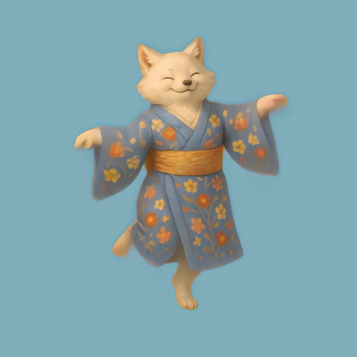 Volpe animata felice che balla in un kimono tradizionale giapponese