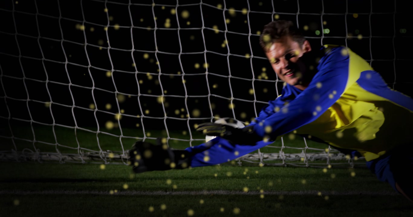 After ball rolling into net goalkeeper diving blocking ball amid golden glow for sports marketing