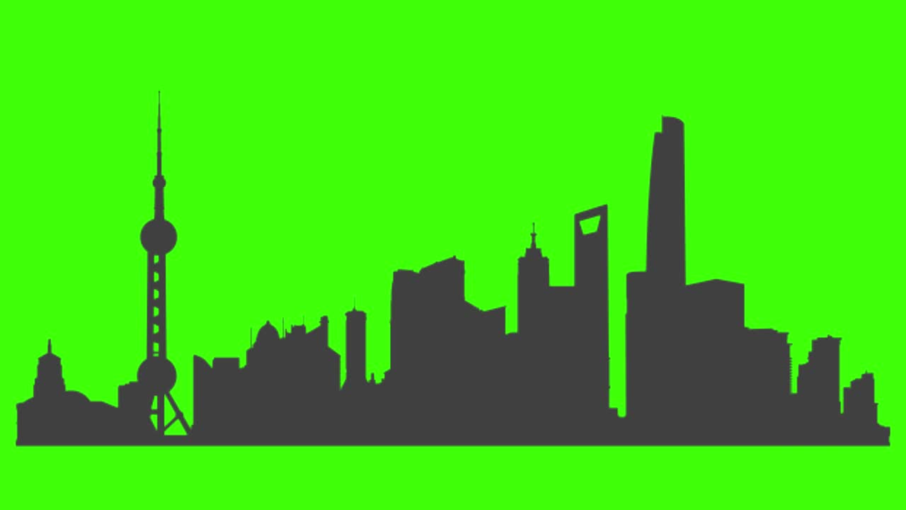 Silueta del icono de la ciudad de Shanghái apareciendo en la pantalla verde