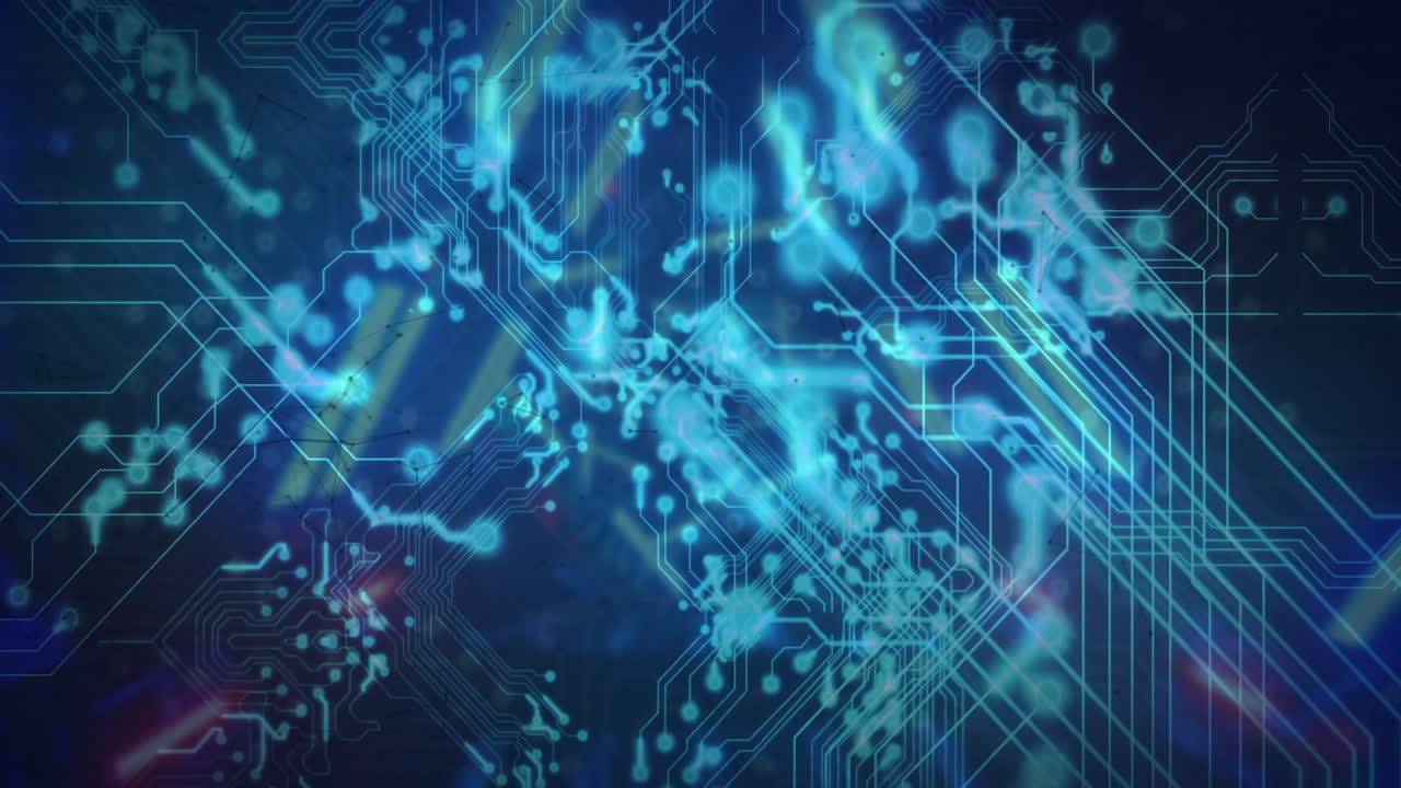 Glowing blue lines and dots in abstract digital circuit animation pattern