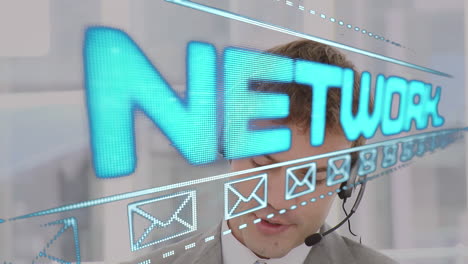 animation of network text and email icons over man wearing phone headset