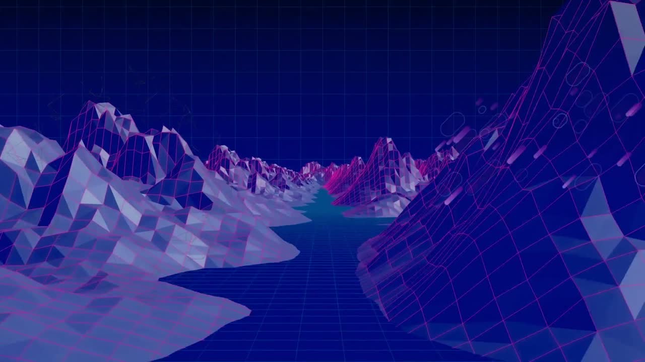 Animation of purple light flares over moving digital landscape