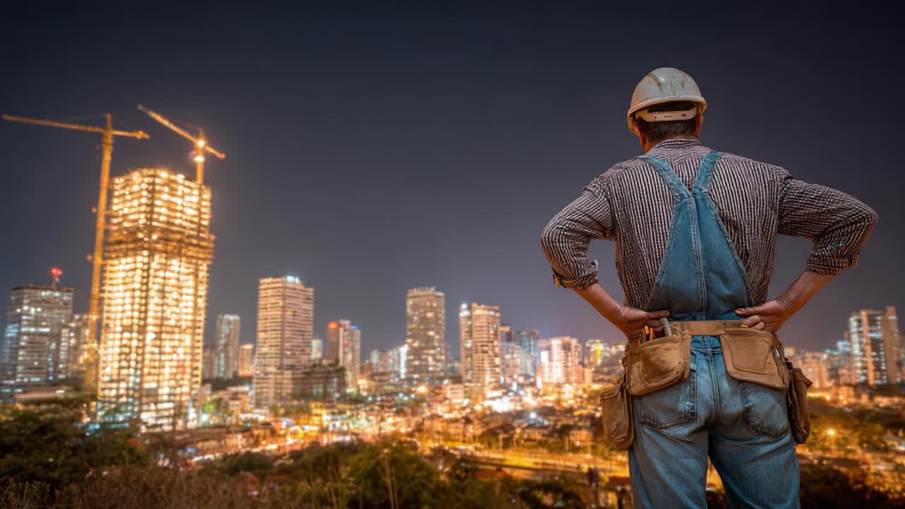 Nighttime Reflection: A Construction Worker Observes the Urban Skyline Transforming with New Buildings and Bright City Lights, Balancing Dreams and Reality