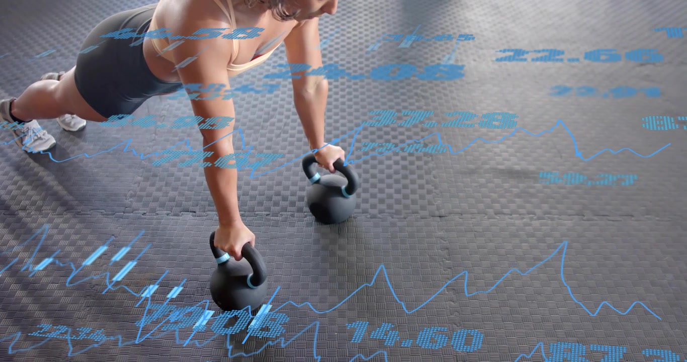 Woman assuming high plank on kettlebells activating blue fitness overlay tracking repetitions