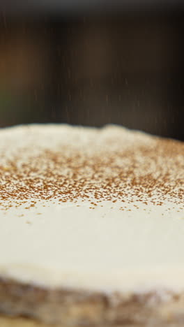 white creamy surface of the cake sprinkled with cacao powder. close up. decorating the cakes at modern confectionary. vertical video