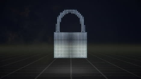 animation of digital padlock icon and data processing over grid background