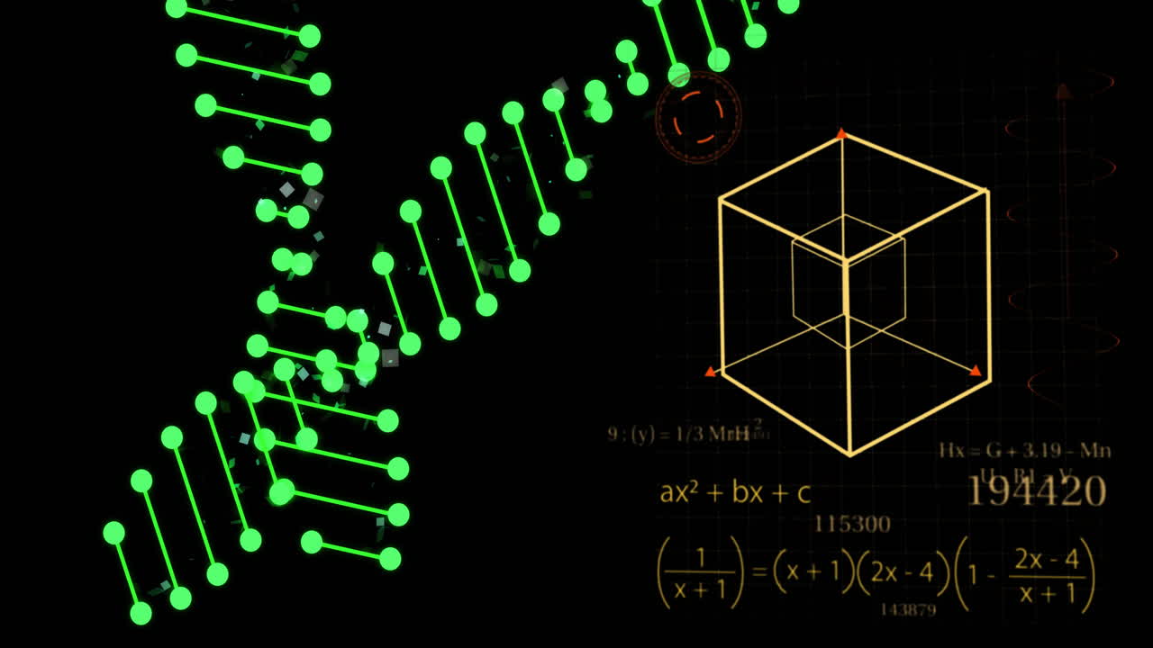 DNA strand and mathematical formulas over geometric shapes and equations