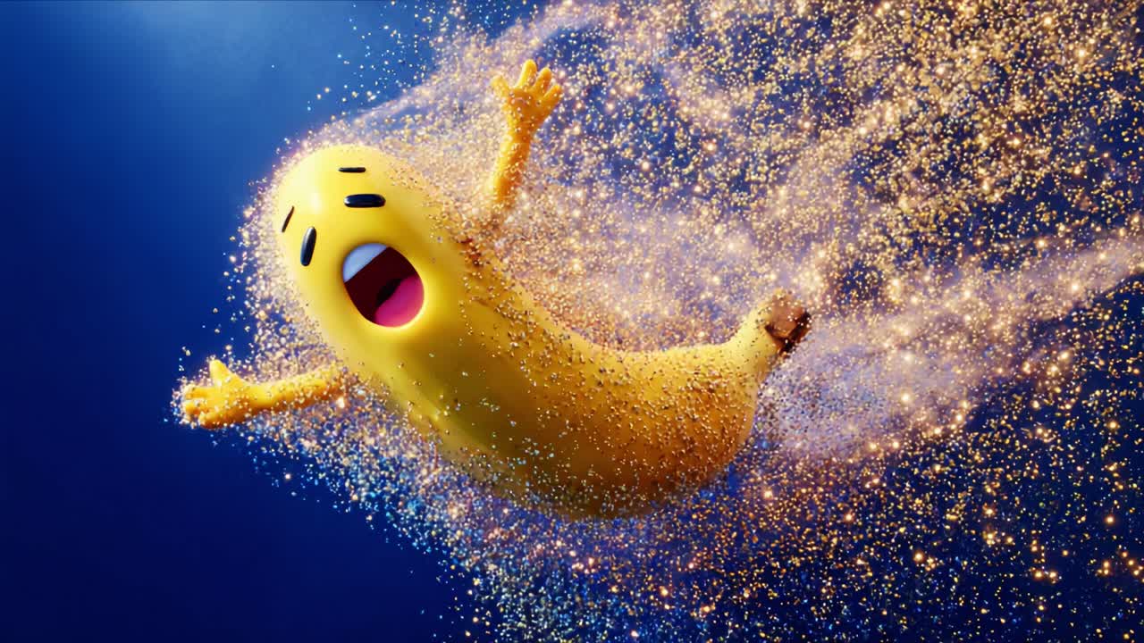 A comical animated banana character joyfully launches through a mesmerizing cloud of sparkling particles, capturing a whimsical and vibrant atmosphere in a playful and dynamic visual display