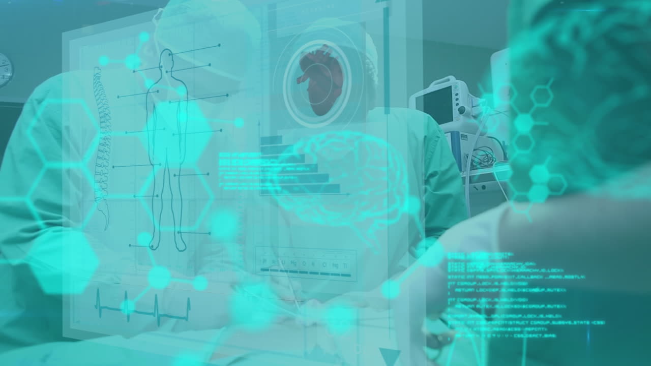 뇌 스캔과 의료 데이터 인터페이스 처리의 애니메이션 환자를 수술하는 외과 의사