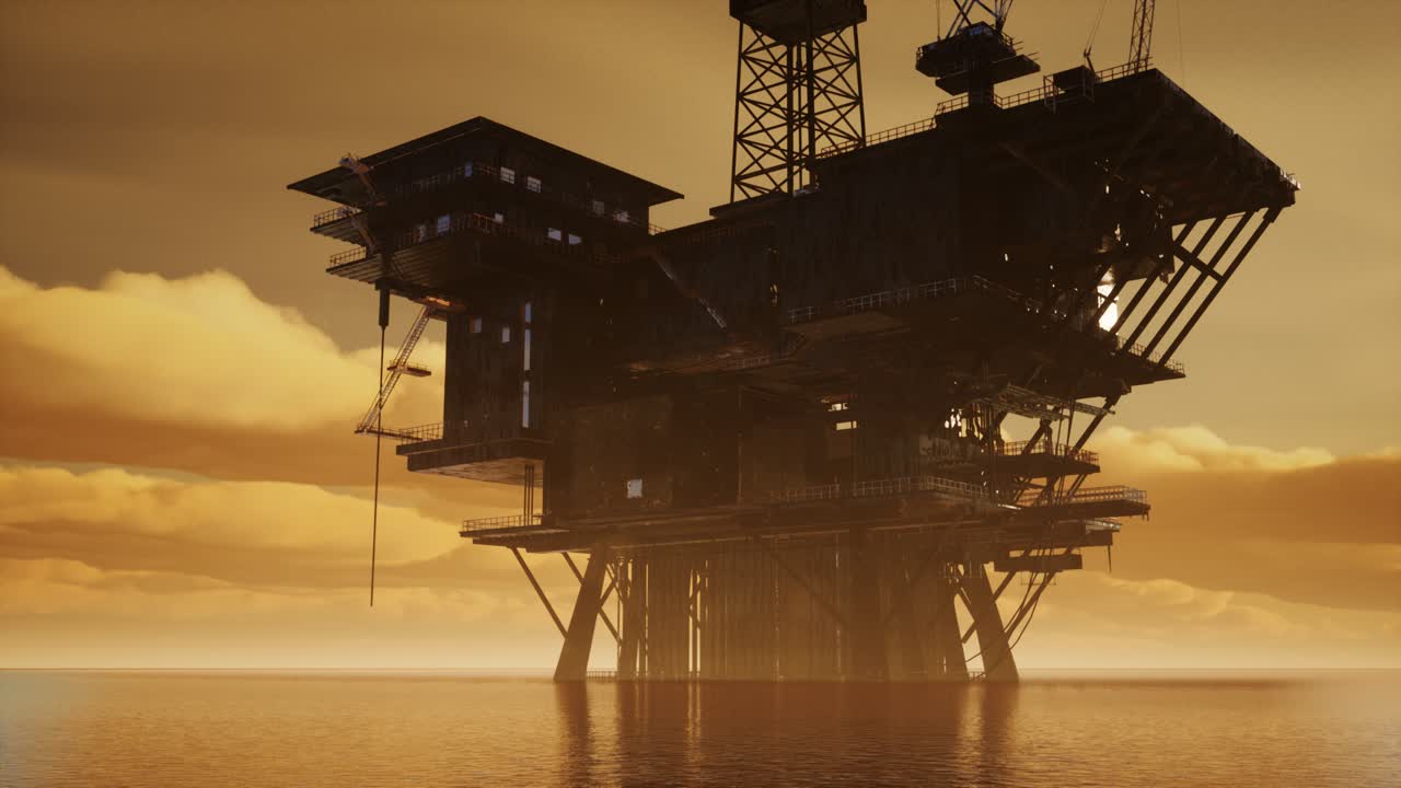 Offshore Jack Up Rig in The Middle of The Sea at Sunset Time