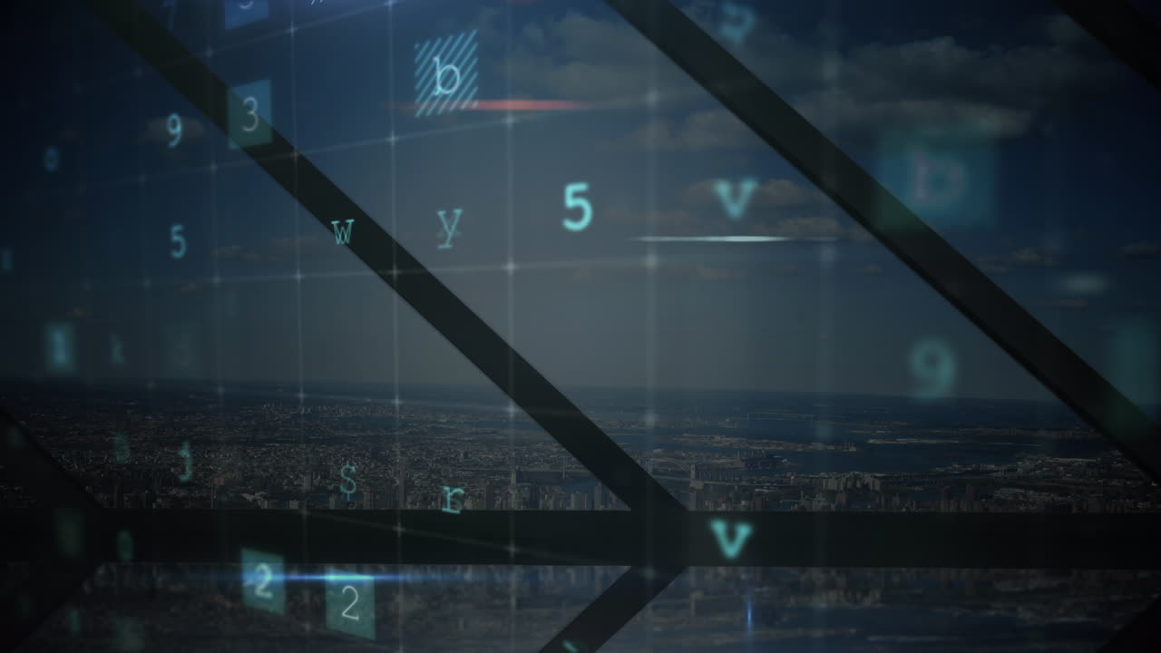 Animazione del testo 'crimine informatico' su paesaggio urbano