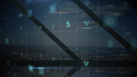 animation of cyber crime text over cityscape