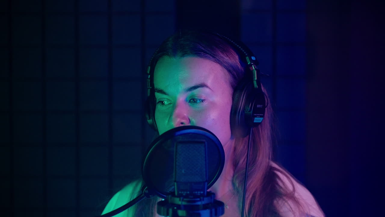 Donna che canta al microfono in uno studio di registrazione
