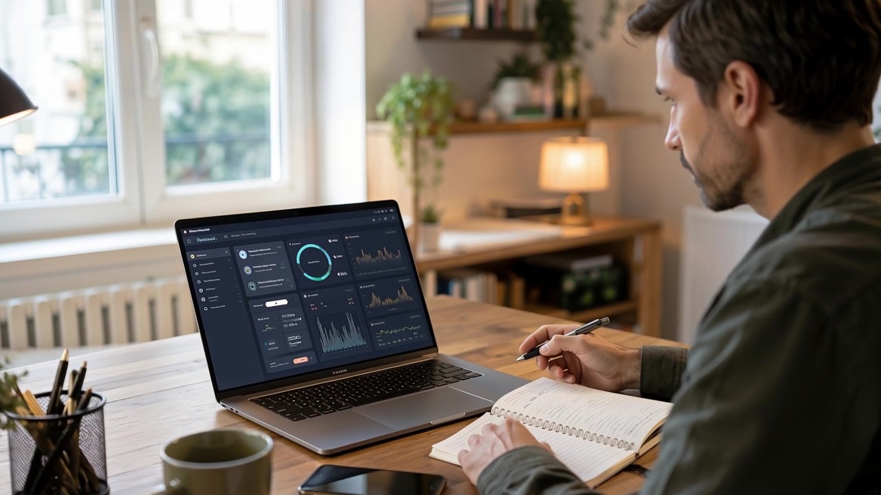 Man working at desk writing in notebook with laptop displaying data analytics dashboard.
