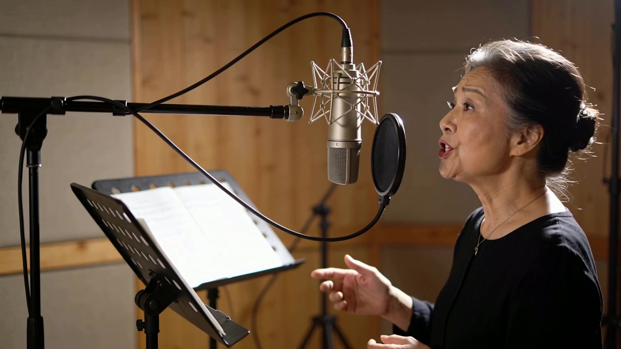 Vocalista anziana asiatica che canta, con un top nero, legge lo spartito e modella la frase musicale al microfono in studio.