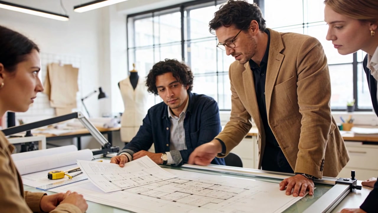 Pointing standing man in tan blazer leaning forward, guiding team through plans on drafting table