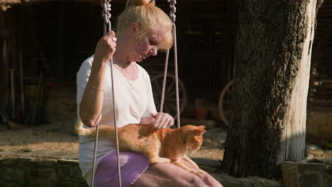 Lindo-Gato-Jengibre-Disfruta-Del-Amor-Y-La-Atención-De-Una-Mujer-En-Un-Columpio-De-Jardín-A-Cámara-Lenta