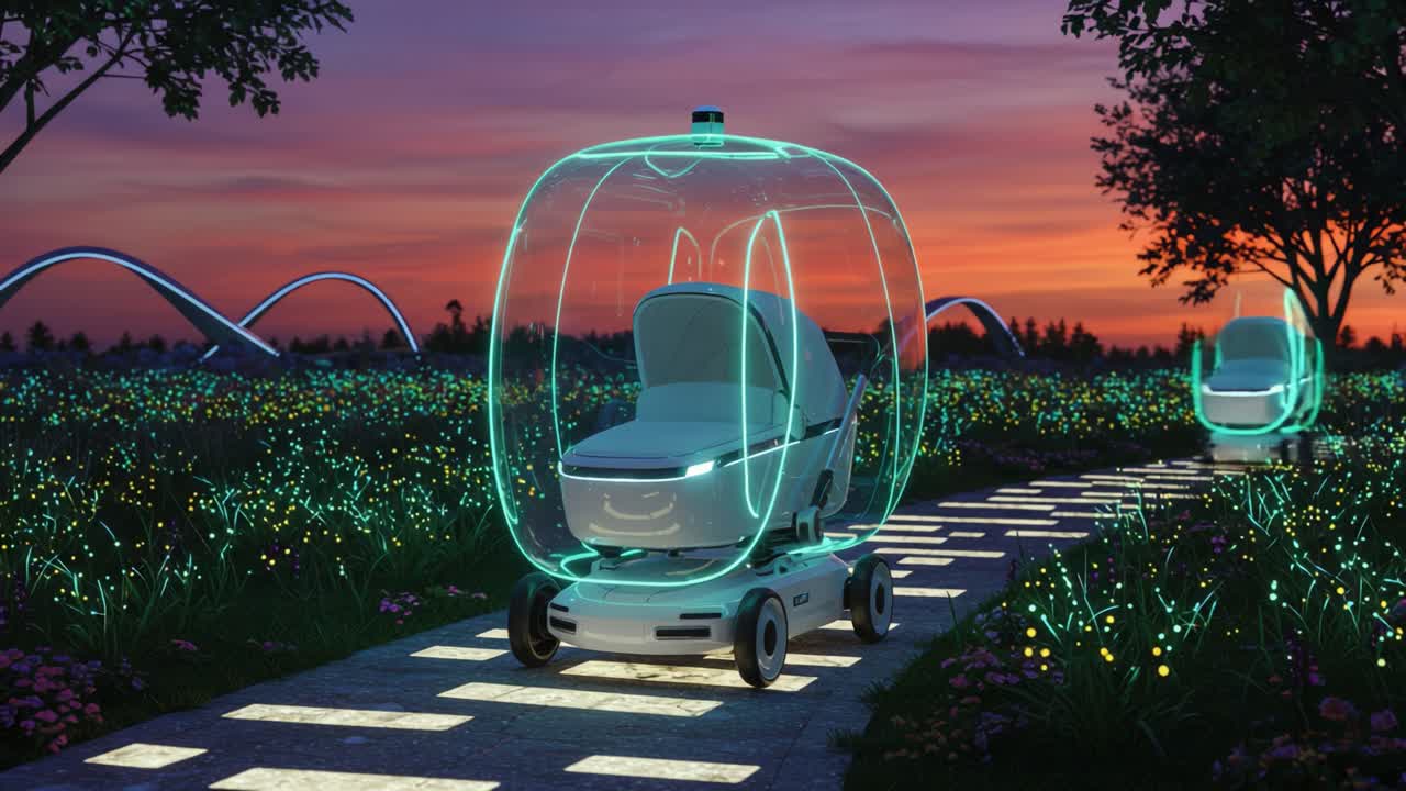 Futuristic Eco-Friendly Transport Pods Gliding Through a Colorfully Illuminated Landscape at Dusk, Showcasing Advanced Mobility and Innovative Design